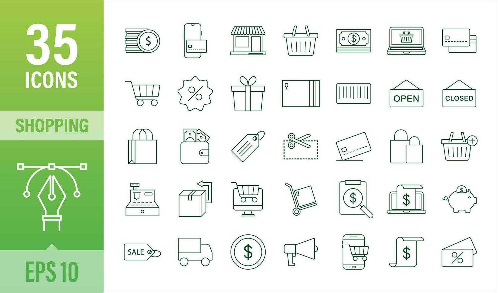 Shopping set icon for web design. E commerce. Discount coupon. Business icon. Price tag. Line vector. Vector stock illustration