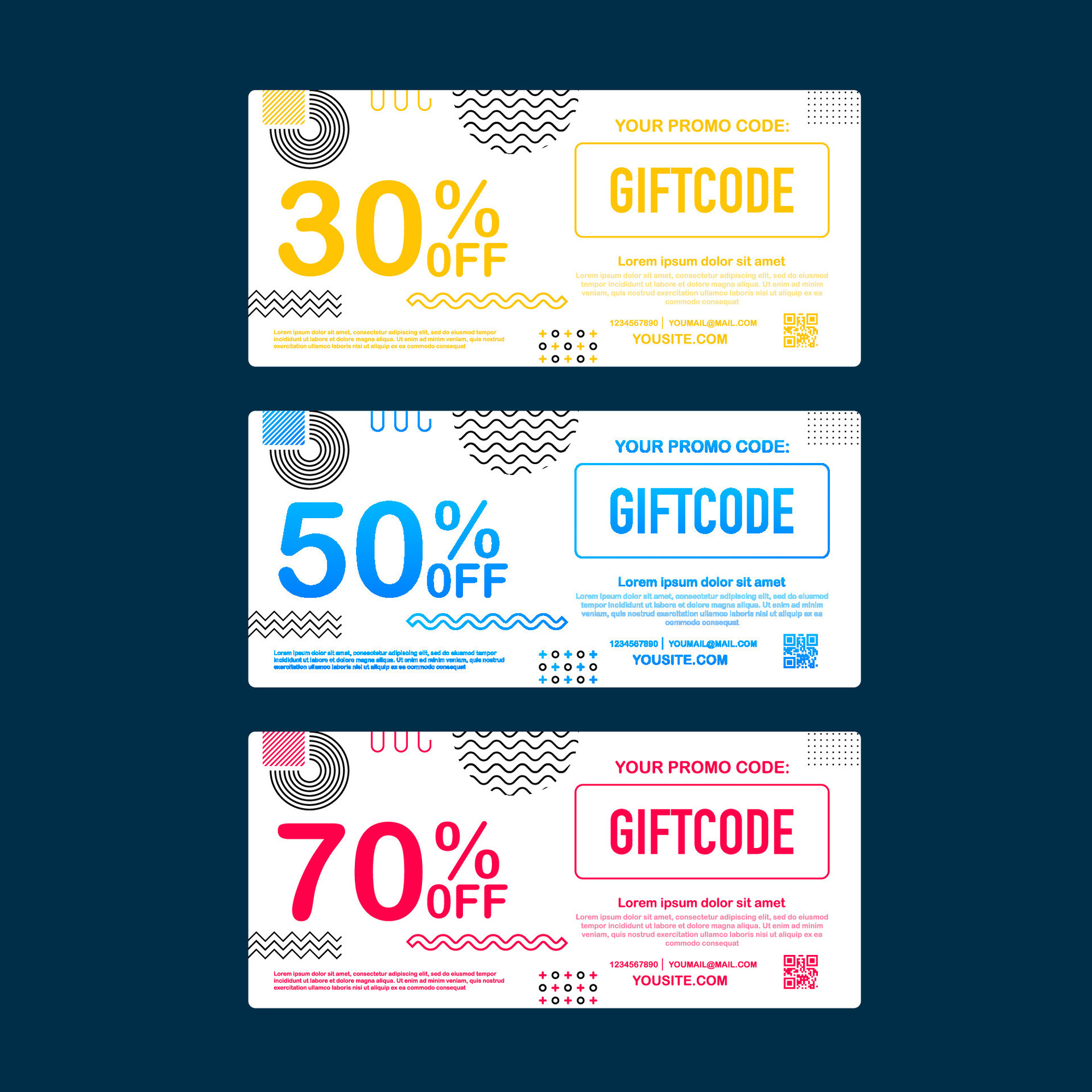 Template red and blue gift card. Promo code. Vector Gift Voucher with