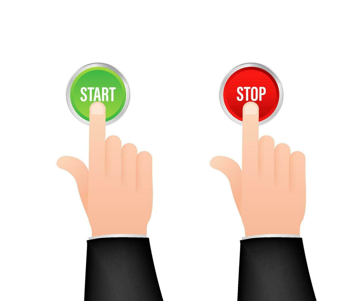 Hand with finger press start stop green and red button. Click sign. Hand click. Vector stock illustration