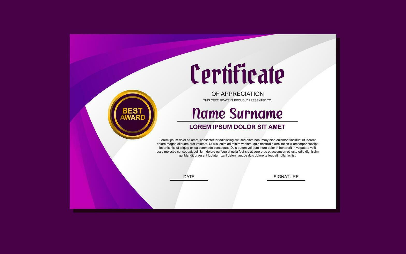 a certificate template with a purple background and a gold medal vector