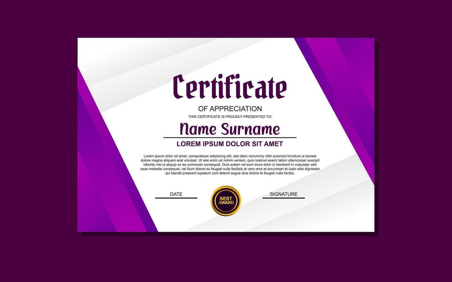 a certificate template with a purple background and a gold medal vector