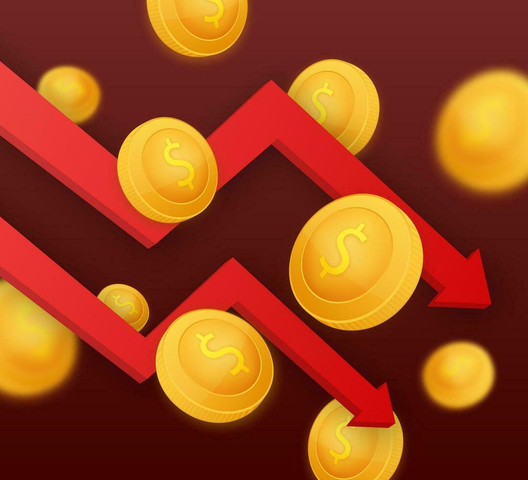 Money loss. Cash with down arrow stocks graph, concept of financial crisis, market fall, bankruptcy. Vector stock illustration.