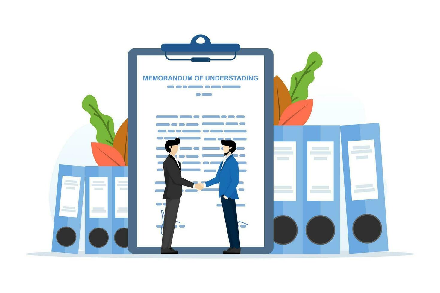 concept of legal document memorandum of understanding with stamp, businessman handshake on contract paper after agreement. establish business cooperation. employment agreement. cooperation signature. vector