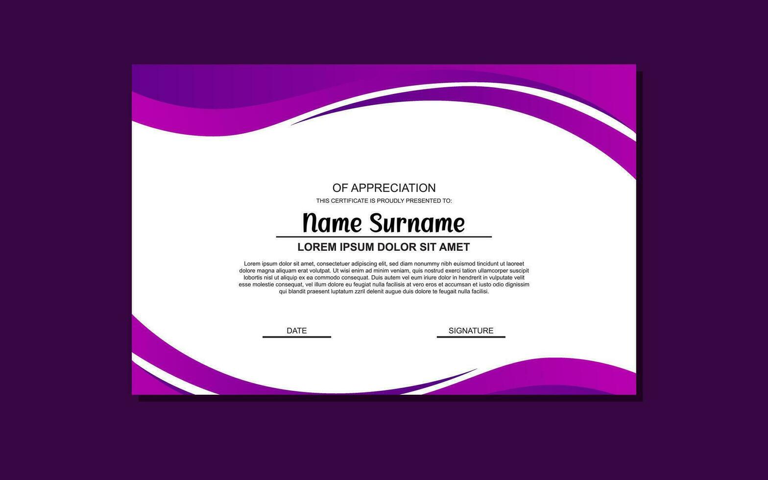 a certificate template with a purple background and a gold medal vector