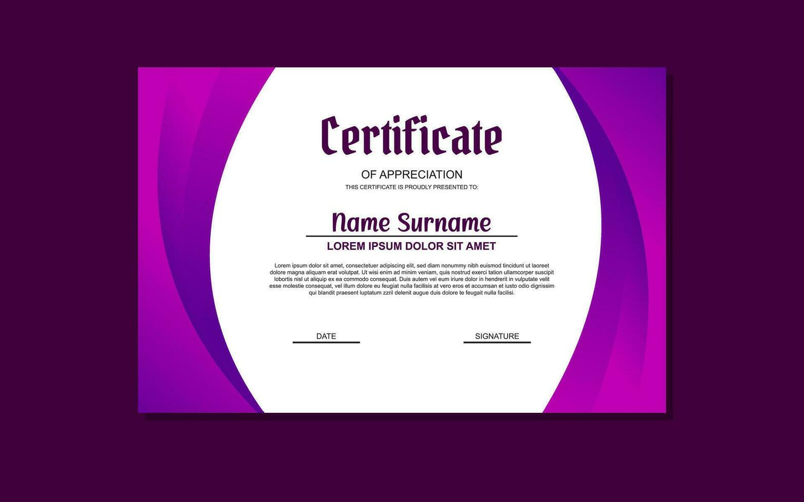 a certificate template with a purple background and a gold medal vector