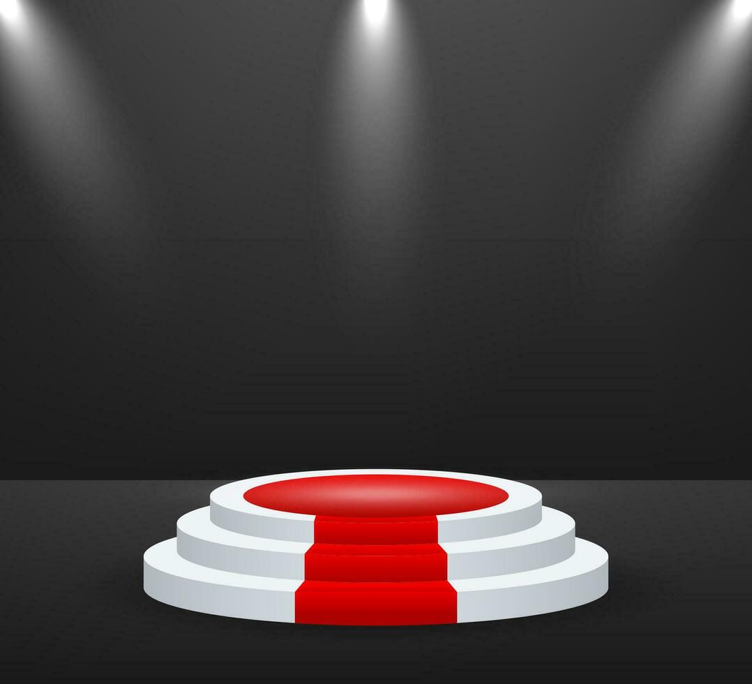 Stage for awards ceremony. Podium with red carpet. Pedestal. Spotlight. Vector illustration