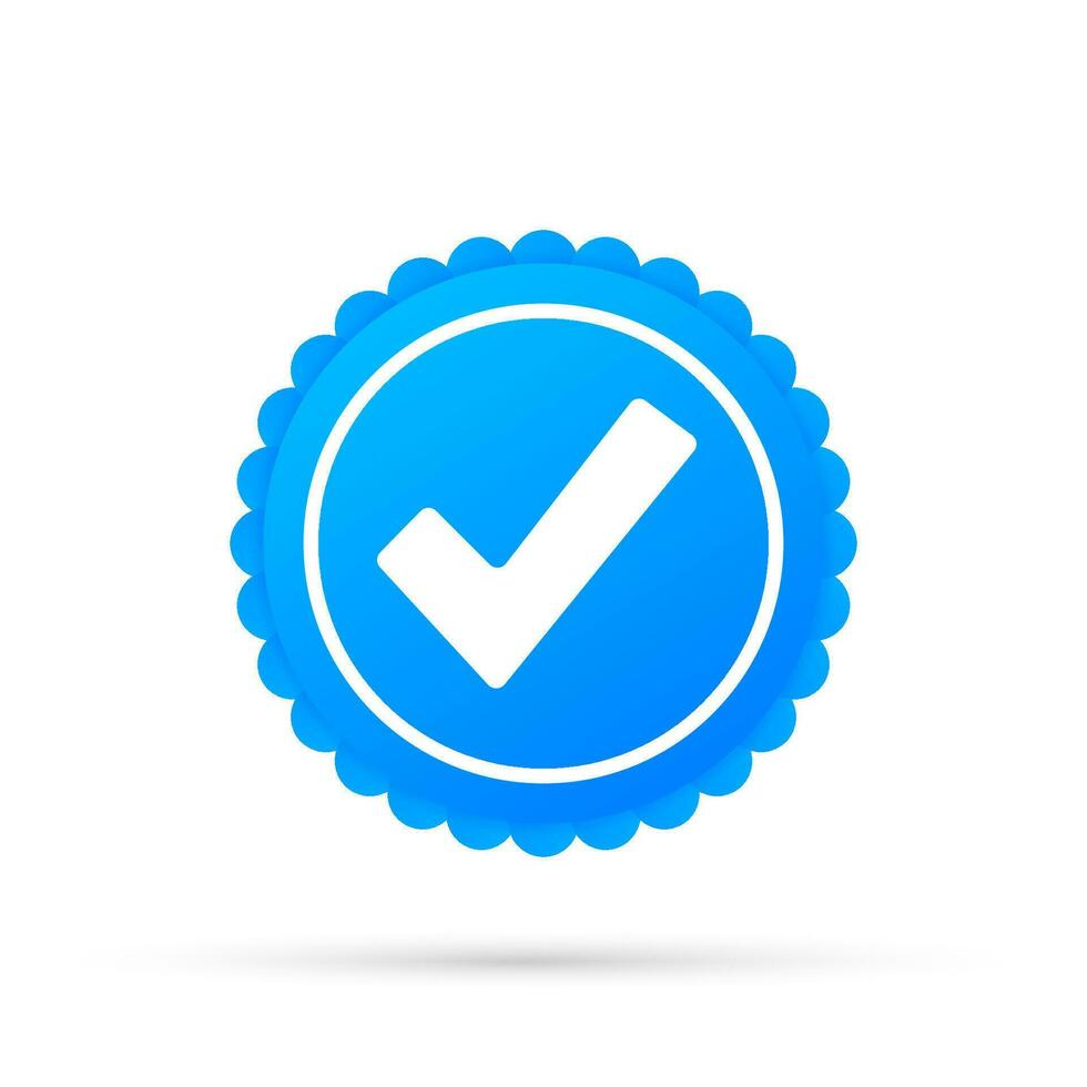 Checkmark. Blue approved star sticker on white background. Vector illustration.