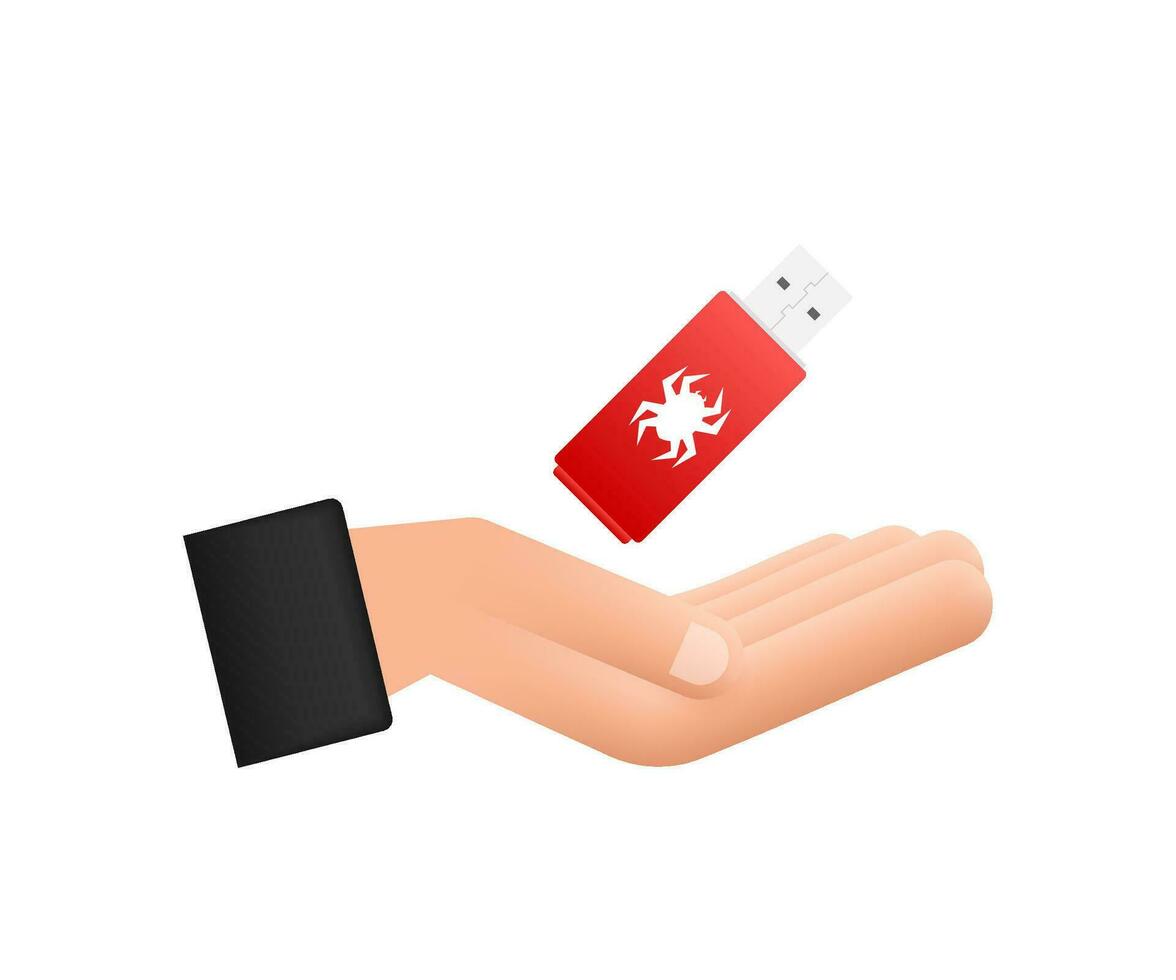 Computer virus on usb flash card in hands. Virus protection. Vector stock illustration