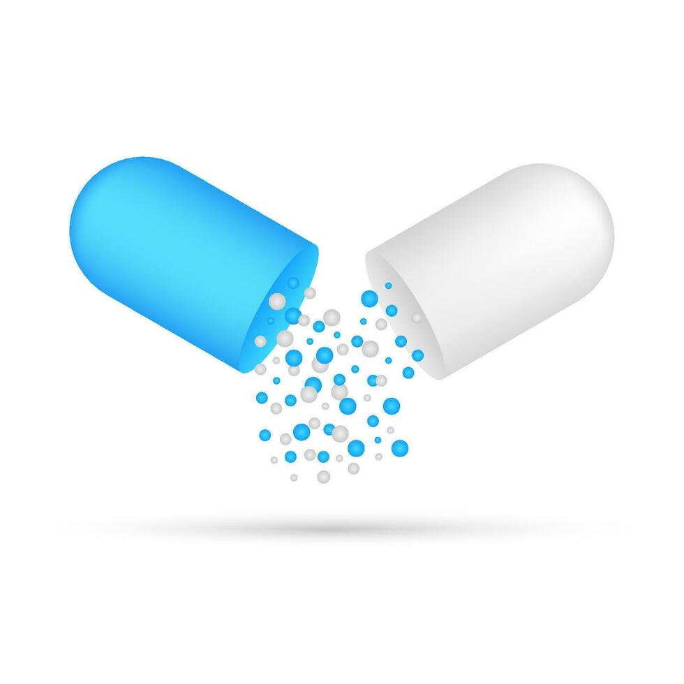 Capsule pill. Small balls pouring from an open medical capsule. Vector illustration.