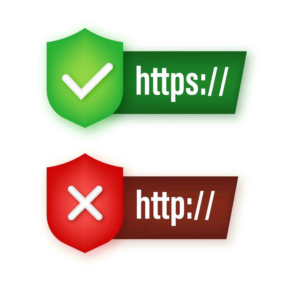 Neon style http and https protocols on shield, on dark background. Vector stock illustration.