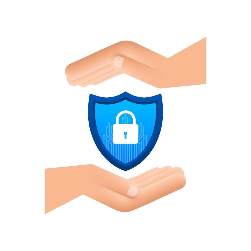Cyber security vector logo with shield and check mark. Hands holding cyber secure sign. Internet security. Vector illustration