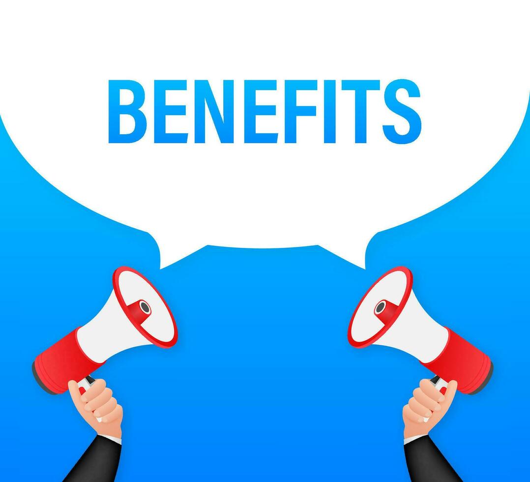 Hand Holding Megaphone with Benefits. Megaphone banner. Web design. Vector stock illustration.