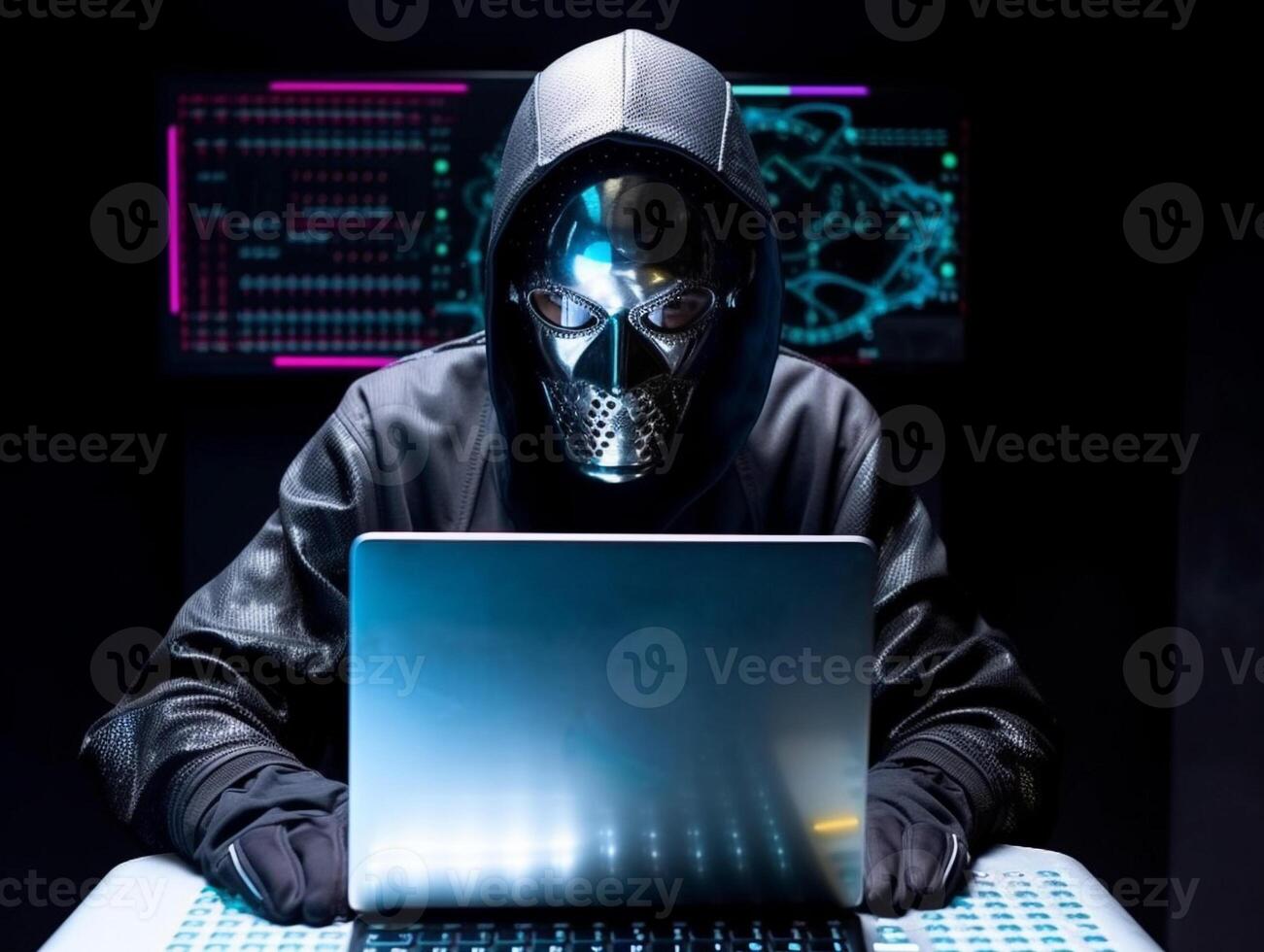 Anonymous robot hacker. Concept of hacking cybersecurity, cybercrime, cyberattack, dark web, etc. image photo