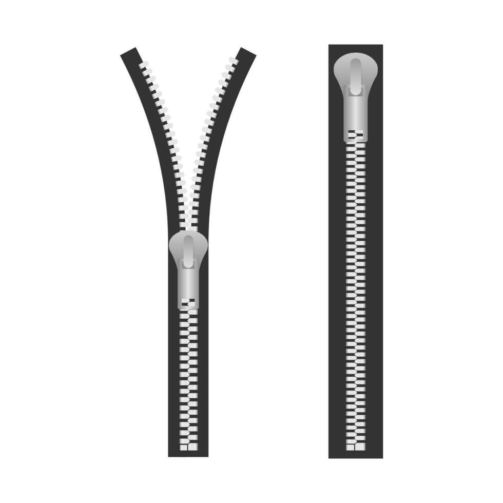 zippers type set fastener. Metallic closed and open zippers and pullers. Vector stock illustration.