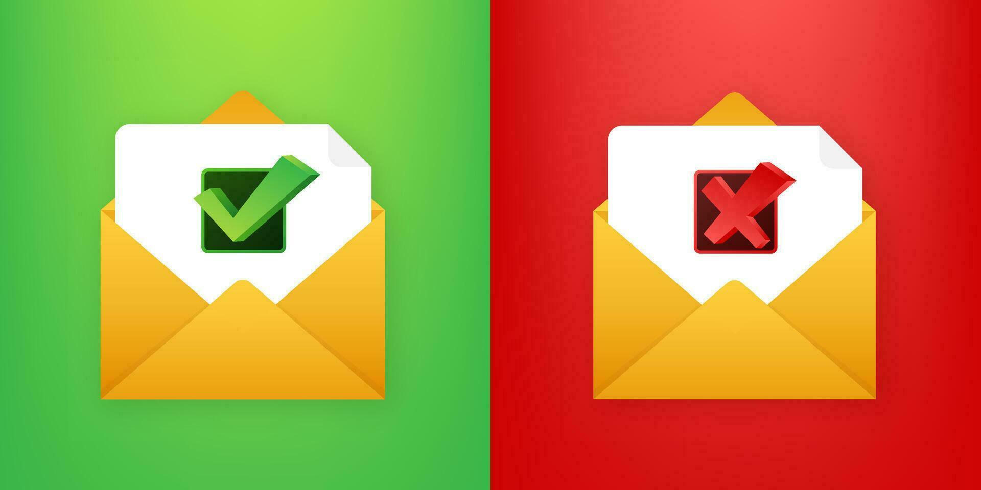 Two envelope with approved and rejected letters. Mail icon. Vector illustration