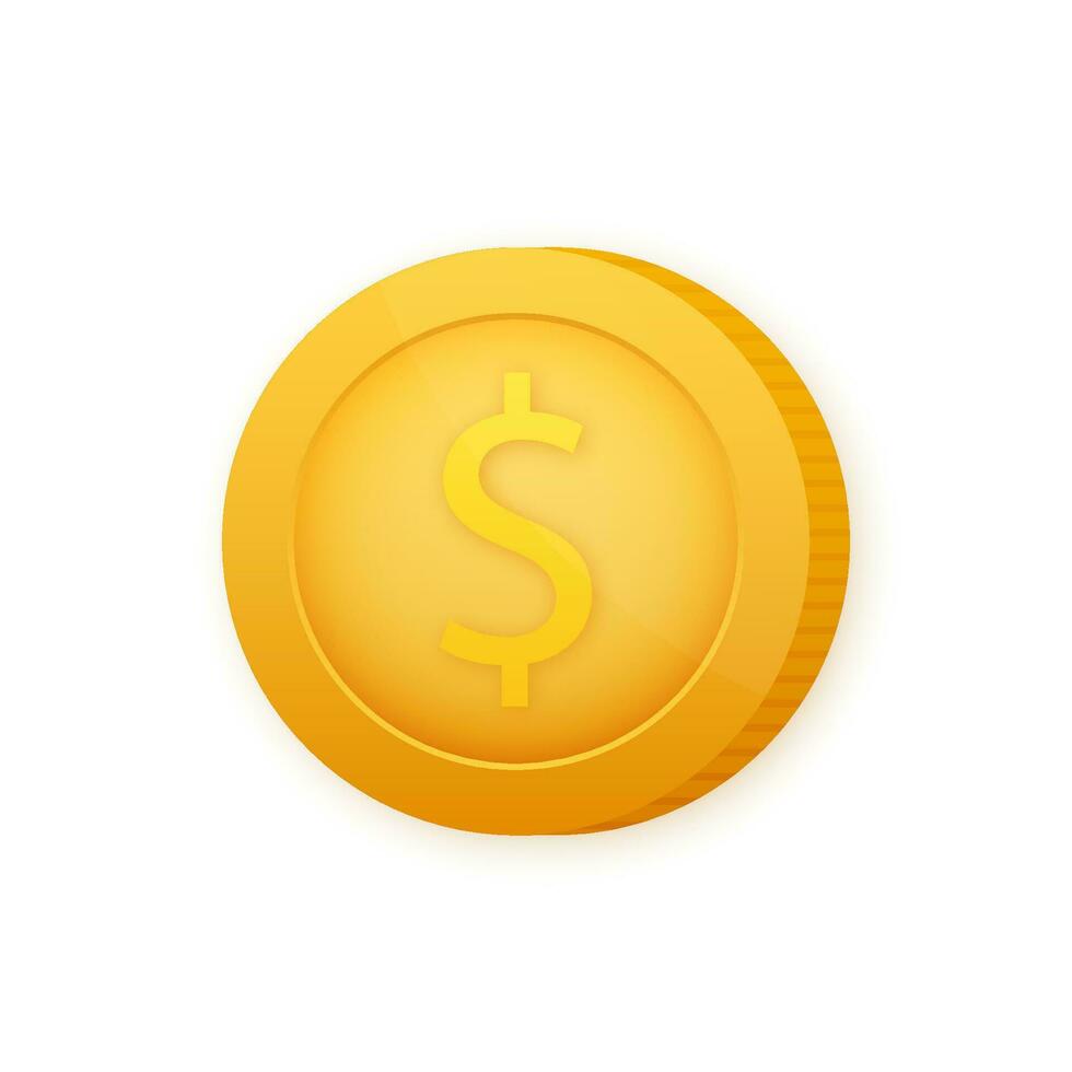Coin with Dollar symbol. Gold cartoon coin. Vector illustration