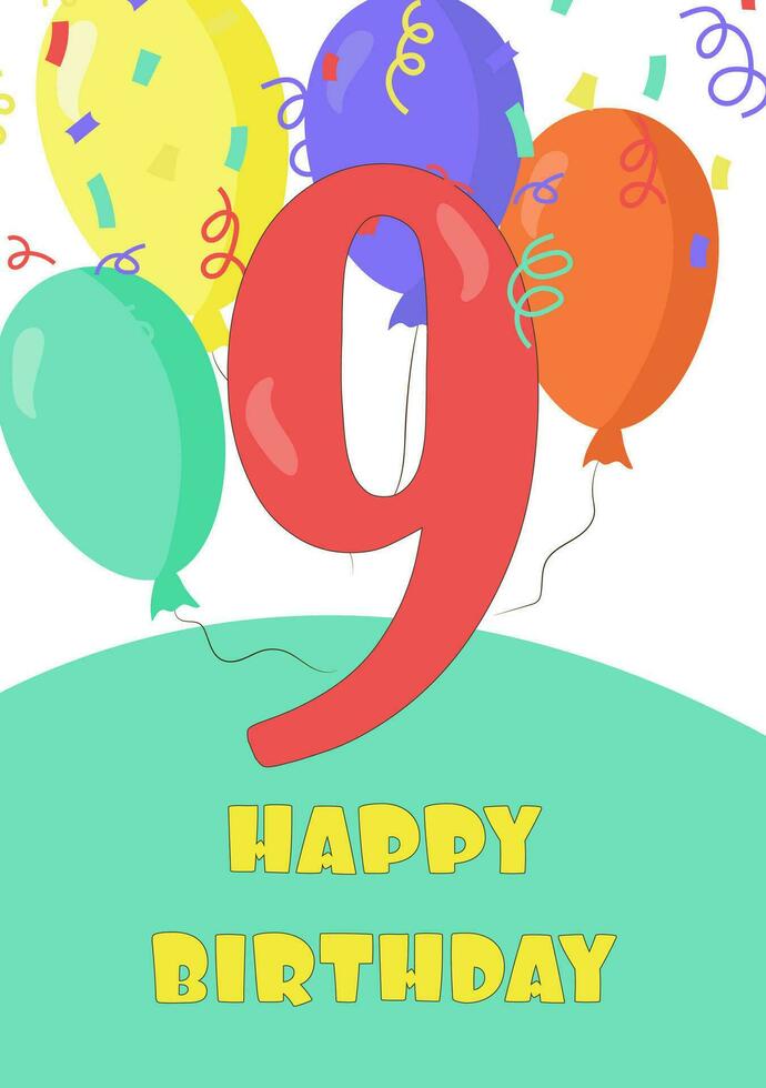 Birthday card with number 9 in cartoon style vector