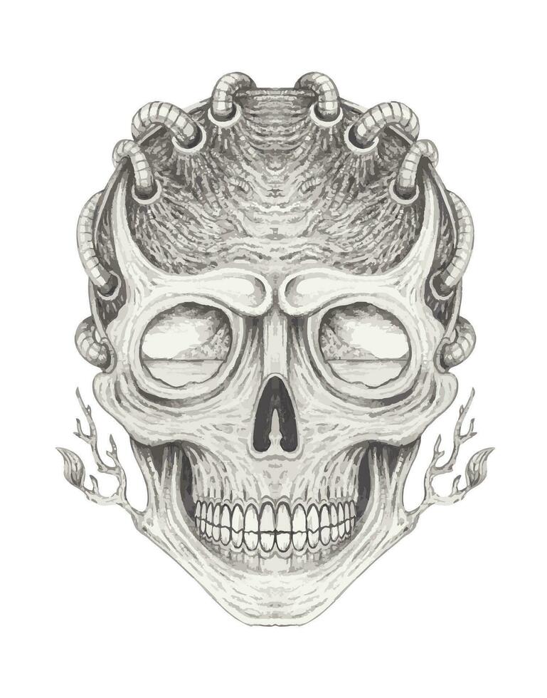 Arte surrealista cráneo mano dibujo en papel mkae gráfico vector. vector