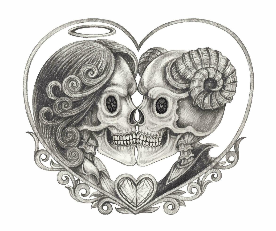 Pareja amor ángel y diablo calaveras mano dibujo en papel hacer gráfico vector. vector