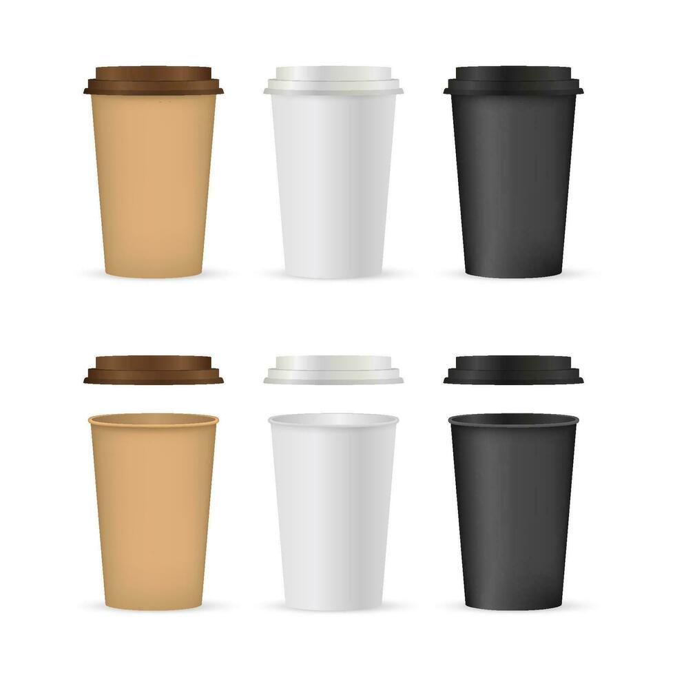 Close up take out coffee with brown cap and cup holder. Isolated on white background. Vector Illustration.