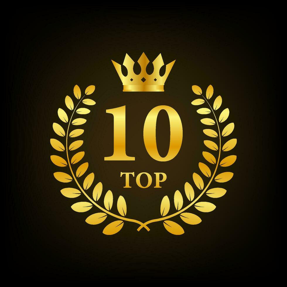 Top 10 label. Golden laurel wreath icon. Vector stock illustration