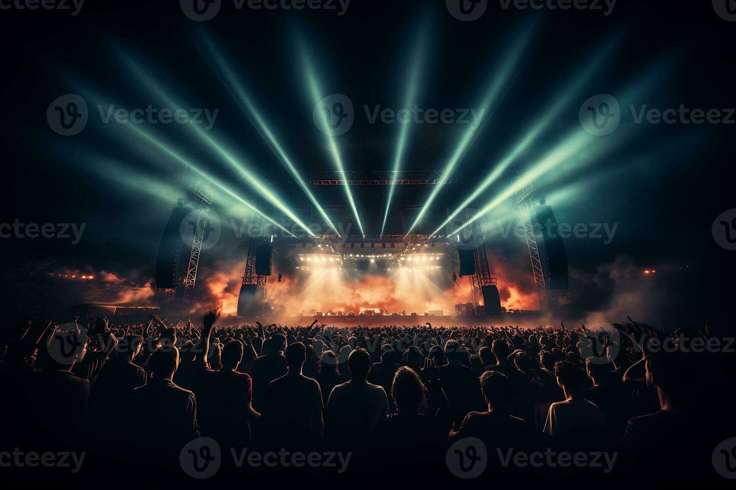 Group of people at a concert crowd. With party lights and smoke. AI Generated photo