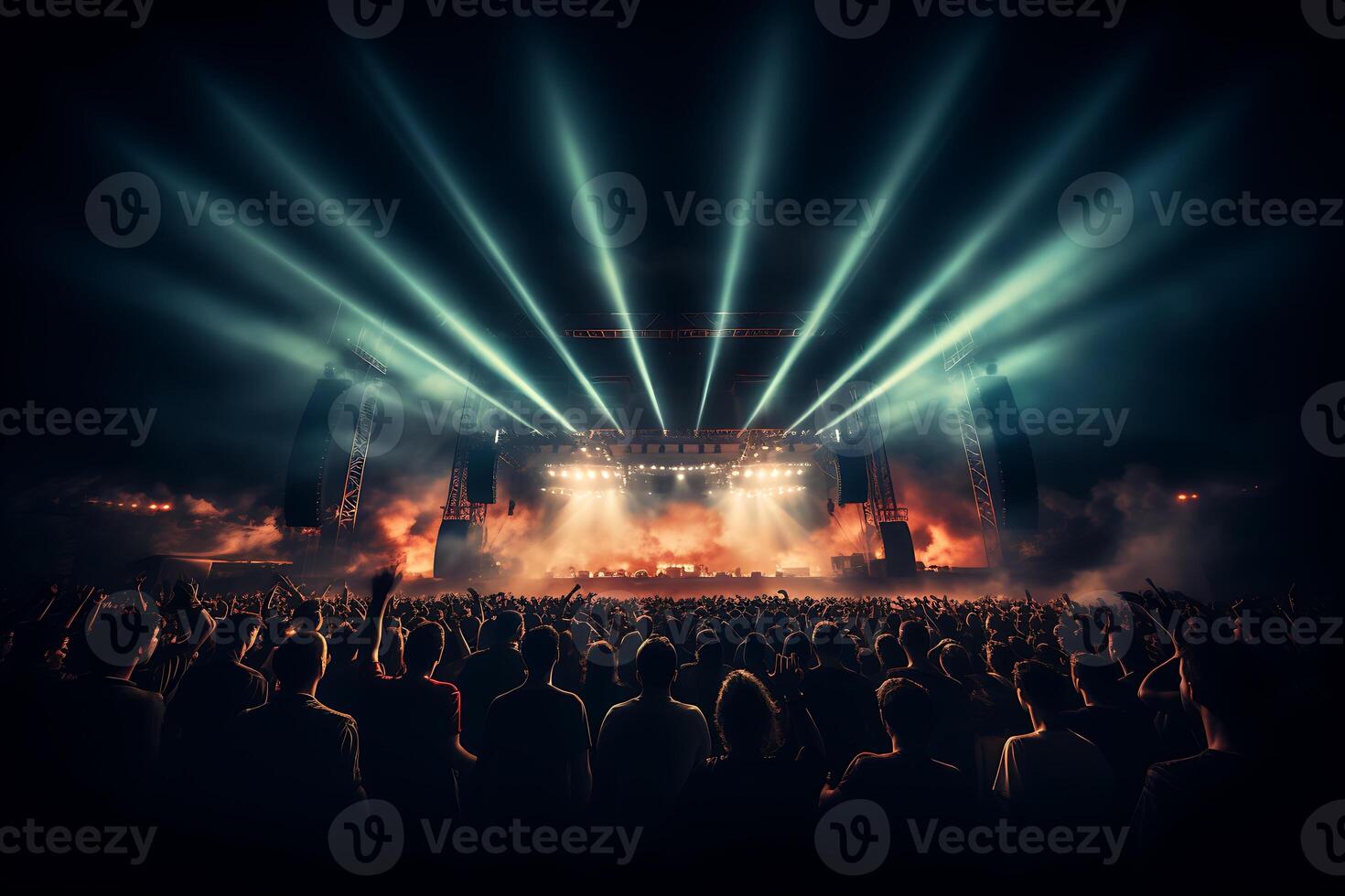 grupo de personas a un concierto multitud. con fiesta luces y fumar. ai generado foto