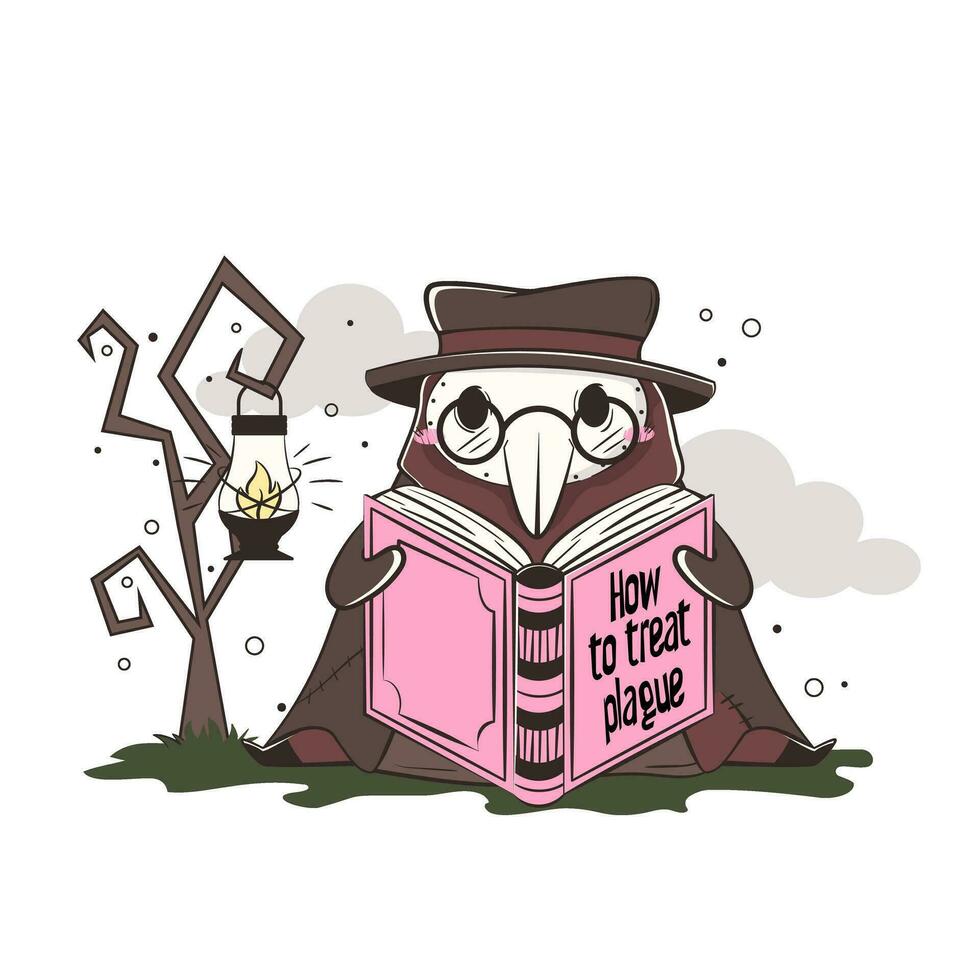 Cute kawaii plague doctor is reading a book on how to treat the plague under a tree vector