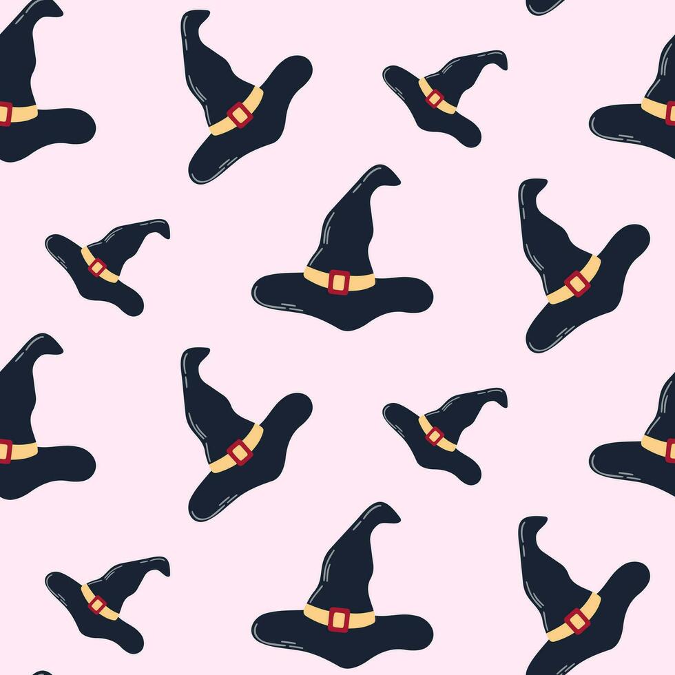 Seamless pattern of Halloween flying witch hats on isolated background. Hand drawn background for Halloween party decoration, scrapbooking, textile, greeting cards design, wall paper. vector