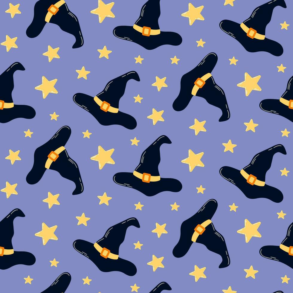 Seamless pattern of Halloween flying witch hats and stars on isolated background. Hand drawn background for Halloween party decoration, scrapbooking, textile, greeting cards design, wall paper. vector