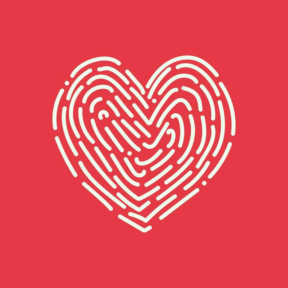 Fingerprint heart icon on red background. Romantic hand-drawn sign, doodle vector illustration.