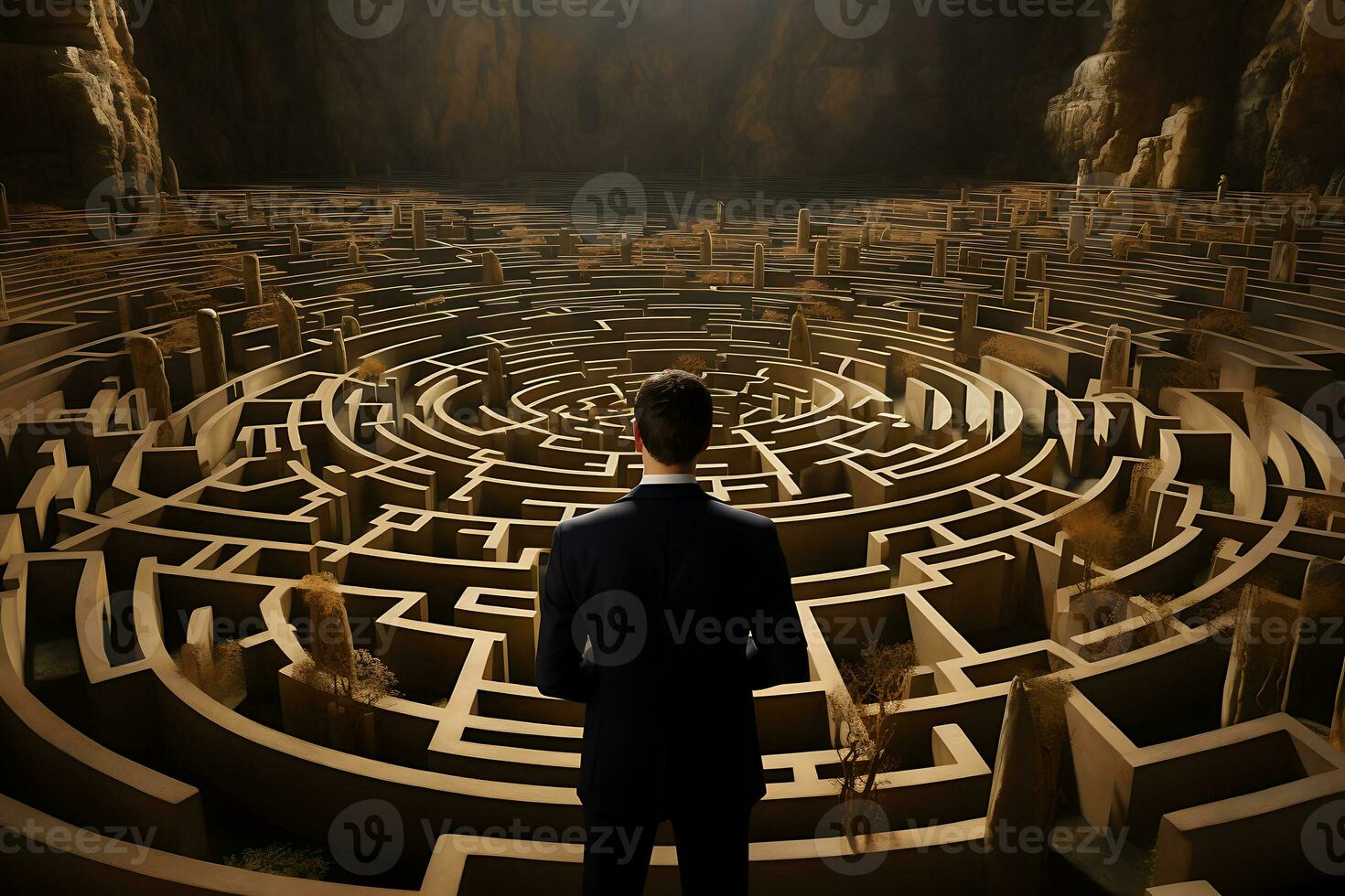 Businessman standing in the labyrinth entrance looking for solution. AI Generated photo