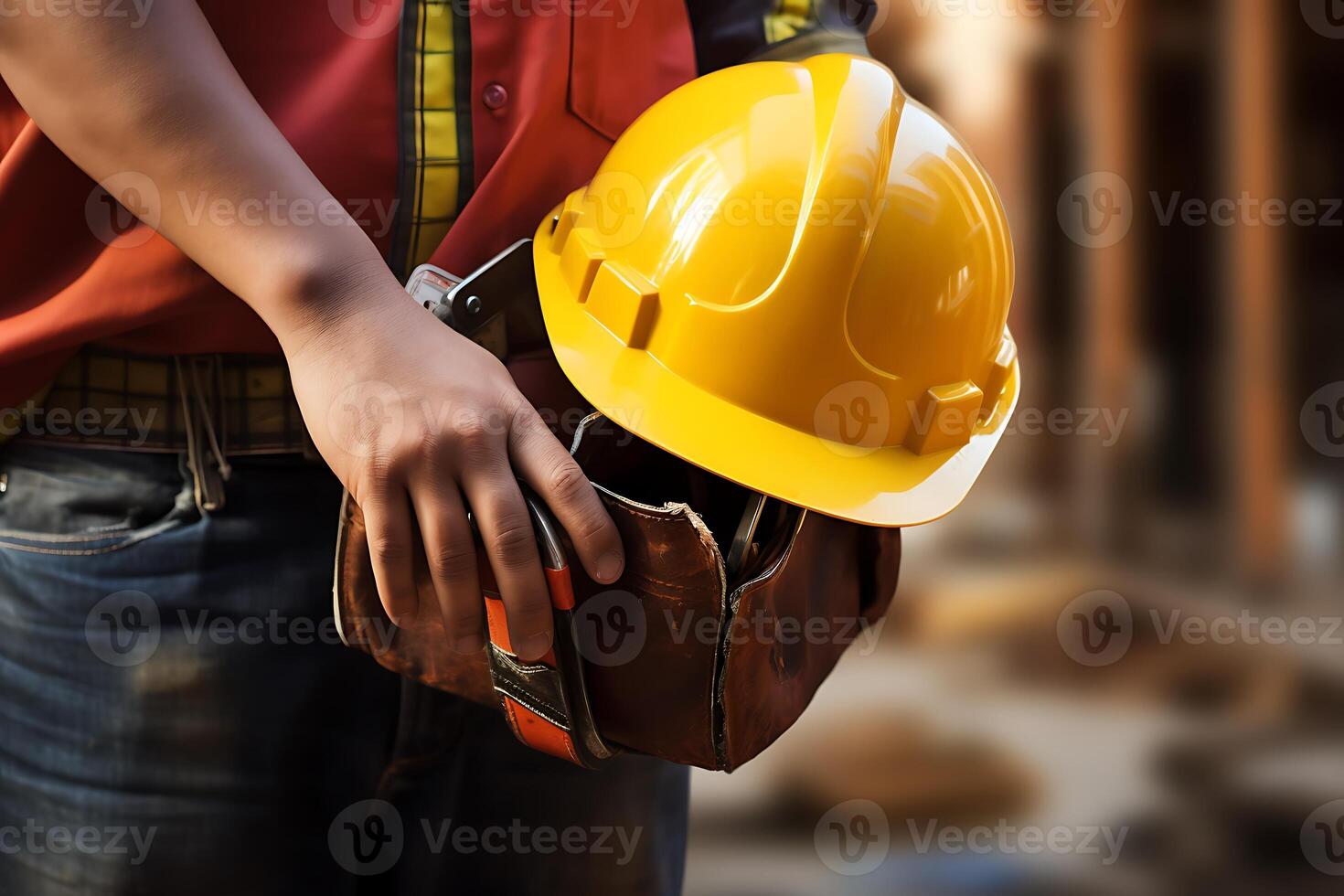 A Man holding construction helmet from front view. AI Generated. photo
