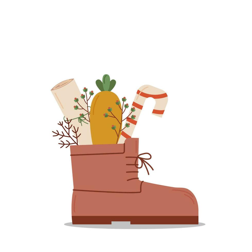 Santo nicholas día. zapato con zanahoria, nota, pirulí caramelo en un blanco antecedentes. vector plano ilustración.