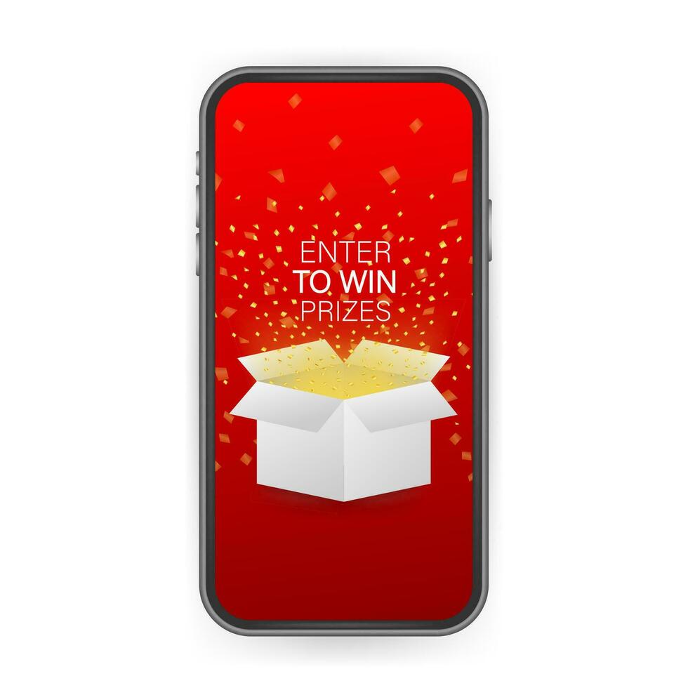 Enter to Win Prizes. Open Red Gift Box and Confetti on smartphone screen. Win Prize. Vector stock Illustration