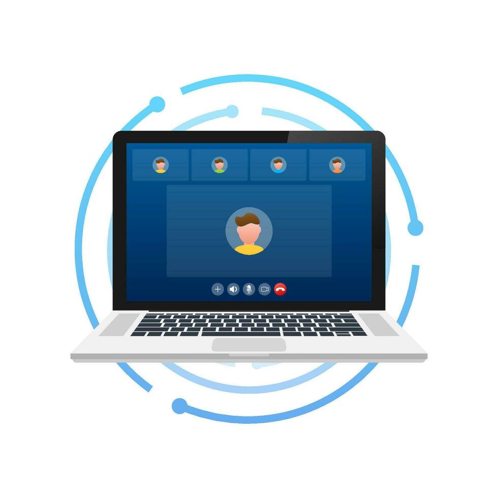 Incoming video call on laptop. Laptop with incoming call, man profile picture and accept decline buttons. Vector stock illustration