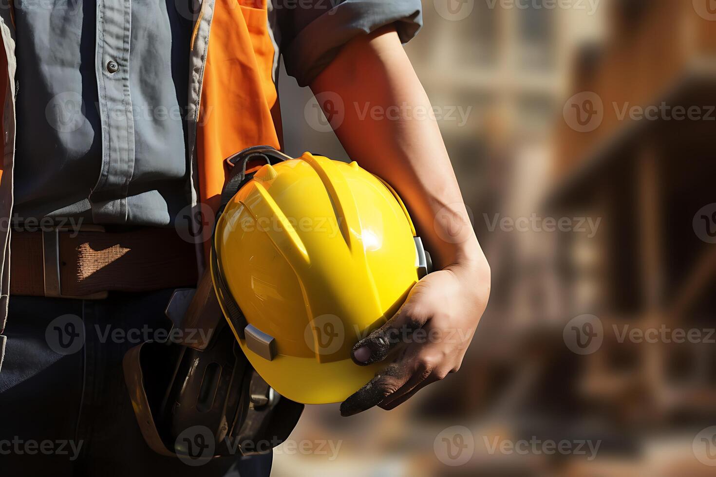 A Man holding construction helmet from front view. AI Generated. photo