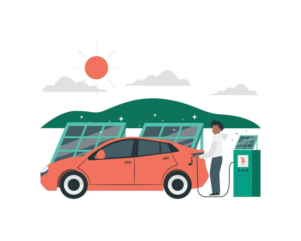 A man charges electric car at the solar charging station. Flat color vector faceless character