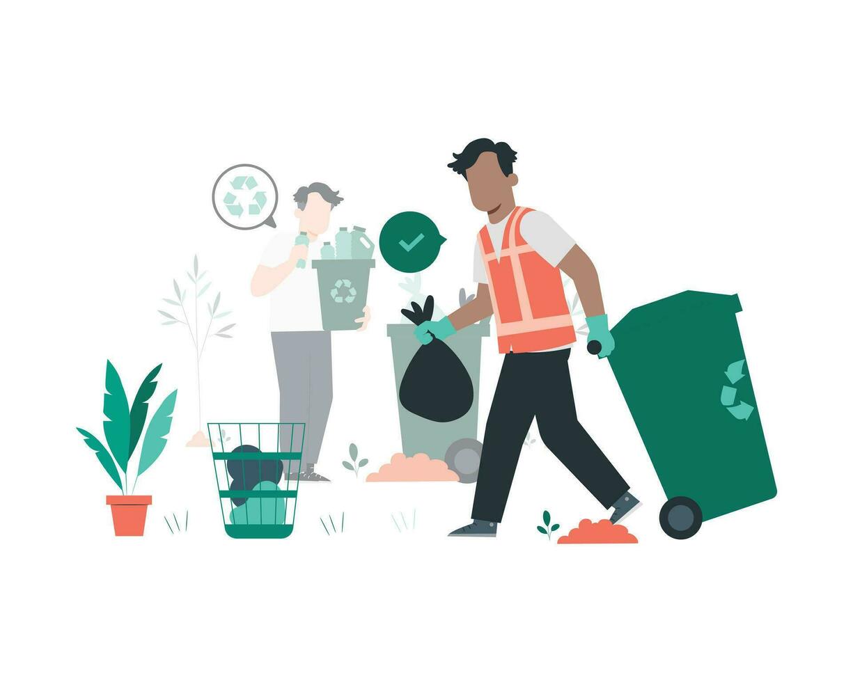 Volunteer man and woman collect garbage. Flat vector illustration.