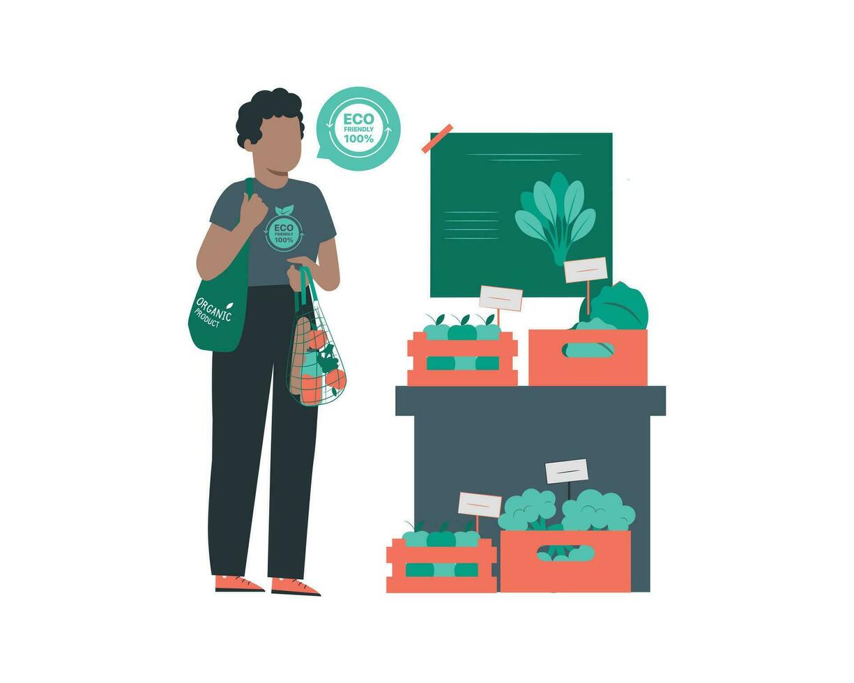 A young man using recyclable bag of groceries. Vector illustration in flat style for sustainability practices conceptual design.