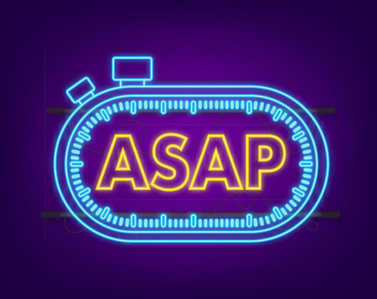 ASAP   As Soon As Possible. Online advertising neon icon. Vector illustration.