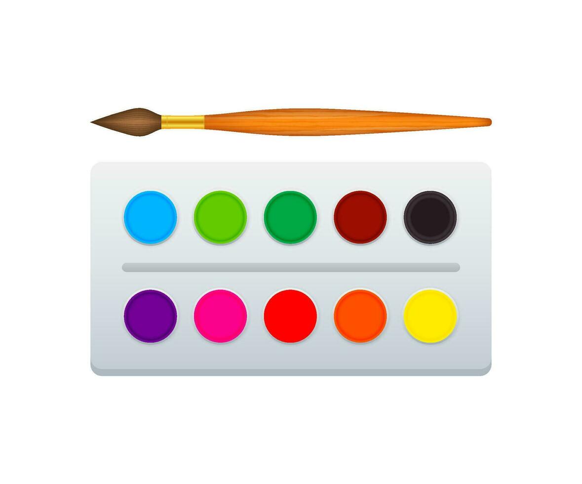 Cartoon paintbrush and palette of paints seven colors of rainbow. Vector stock illustration.