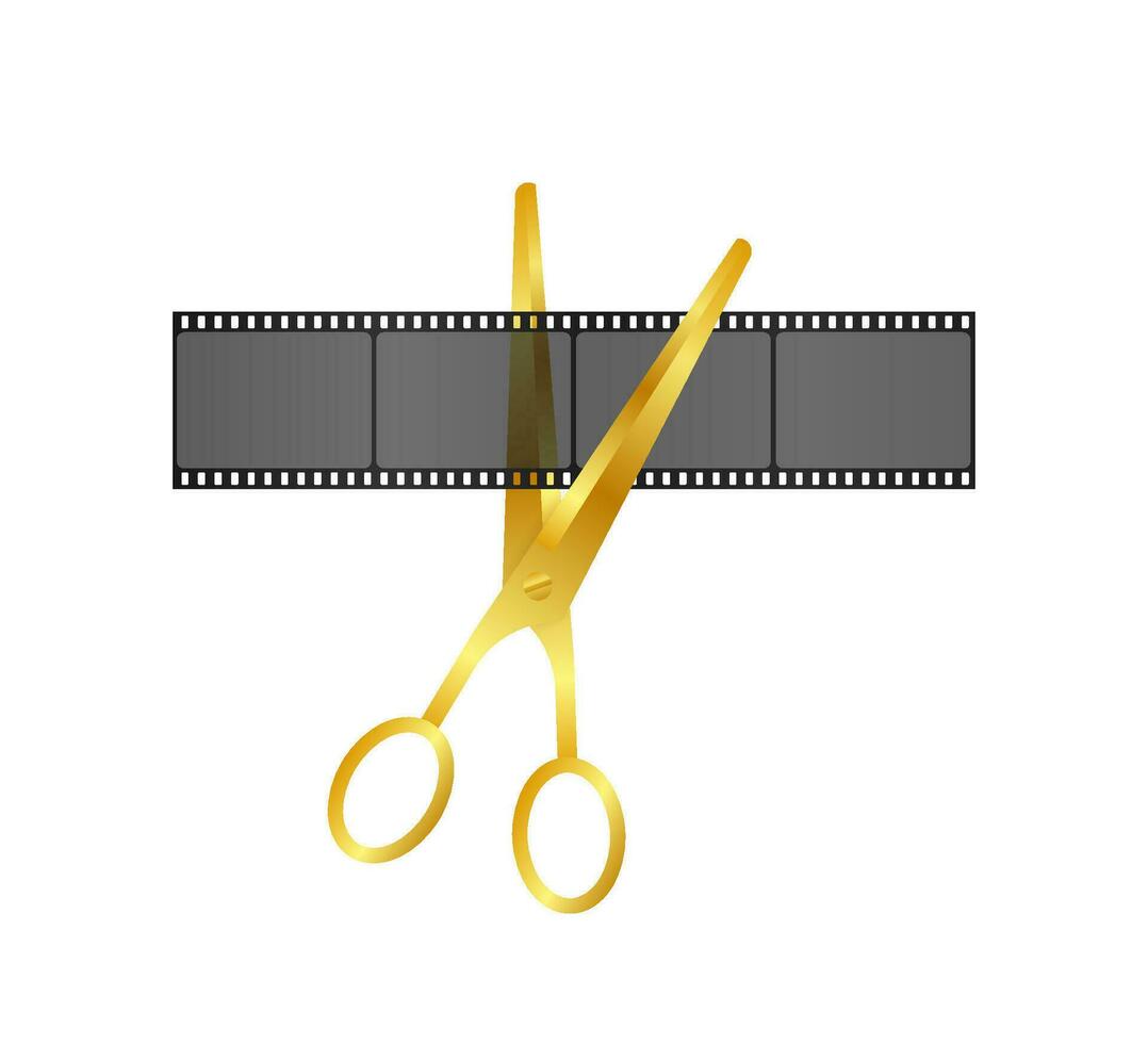 Cutting film shot. Scissors and film strip as video editing. Vector stock illustration