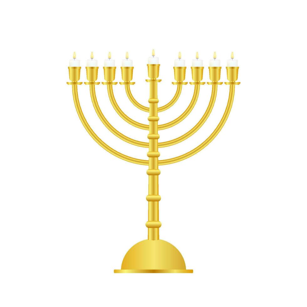 Realistic Gold Hanukkah menorah icon on white background. Vector stock Illustration.