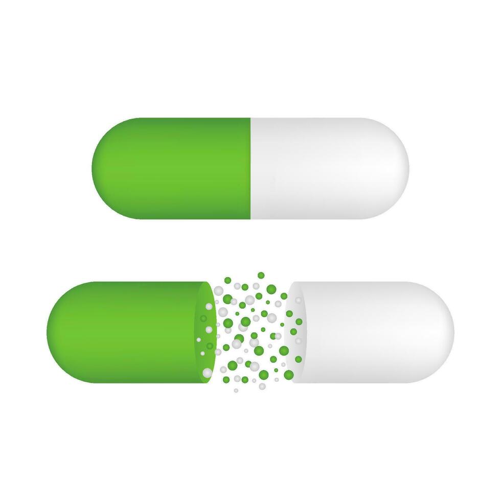 Capsule pill. Small balls pouring from an open medical capsule. Vector illustration.