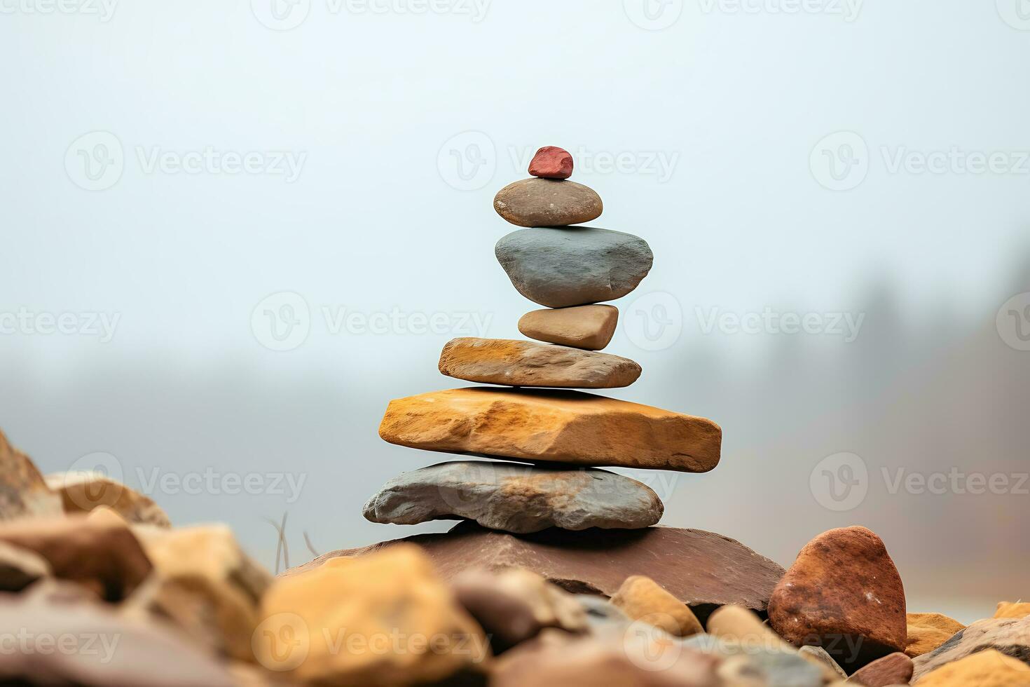 Stack of balanced rocks around pile of rocks. AI Generated. photo