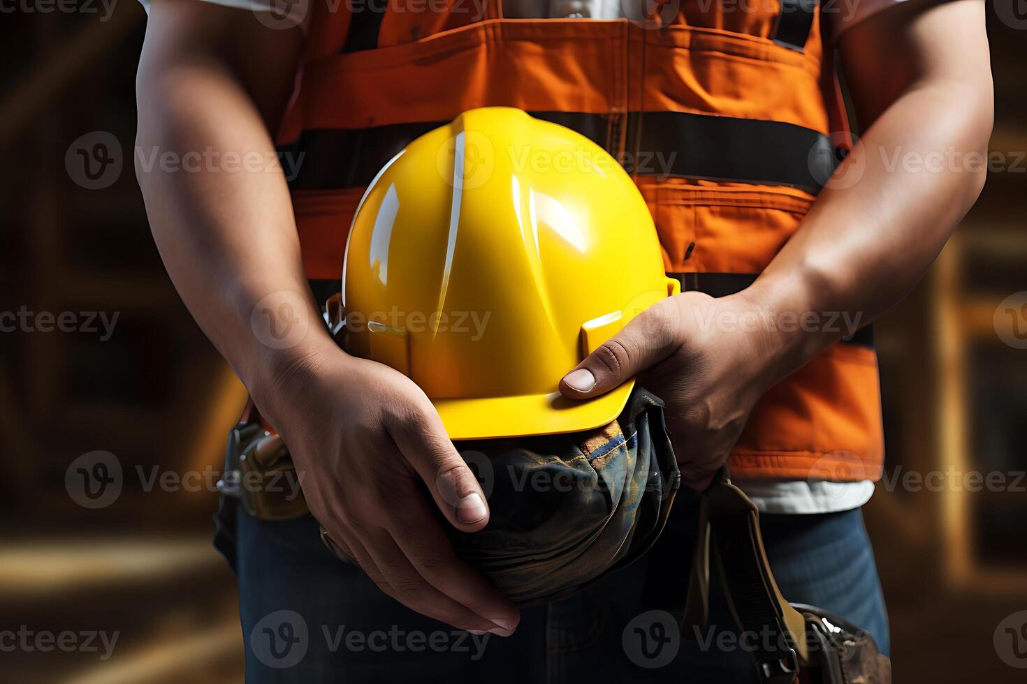 A Man holding construction helmet from front view. AI Generated. photo