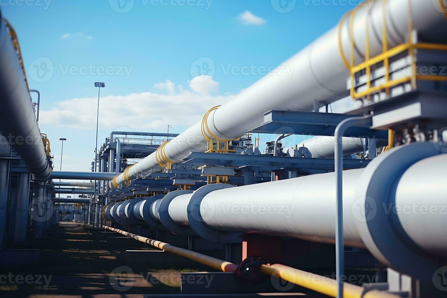Industrial pipes insulated around the factory. On A Sunny day. AI Generated photo