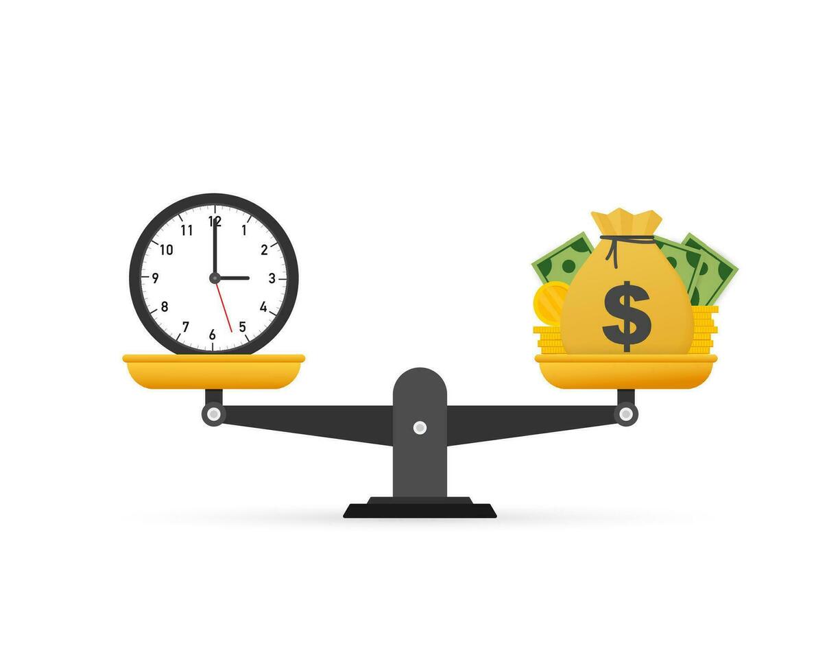 Time is money on scales icon. Money and time balance on scale. Vector stock illustration.