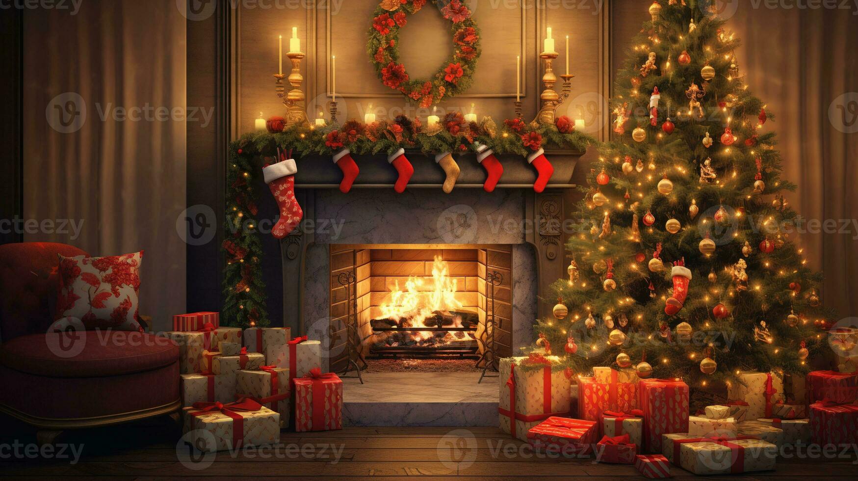 Cozy Christmas interior with a glowing tree, fireplace, and presents ...